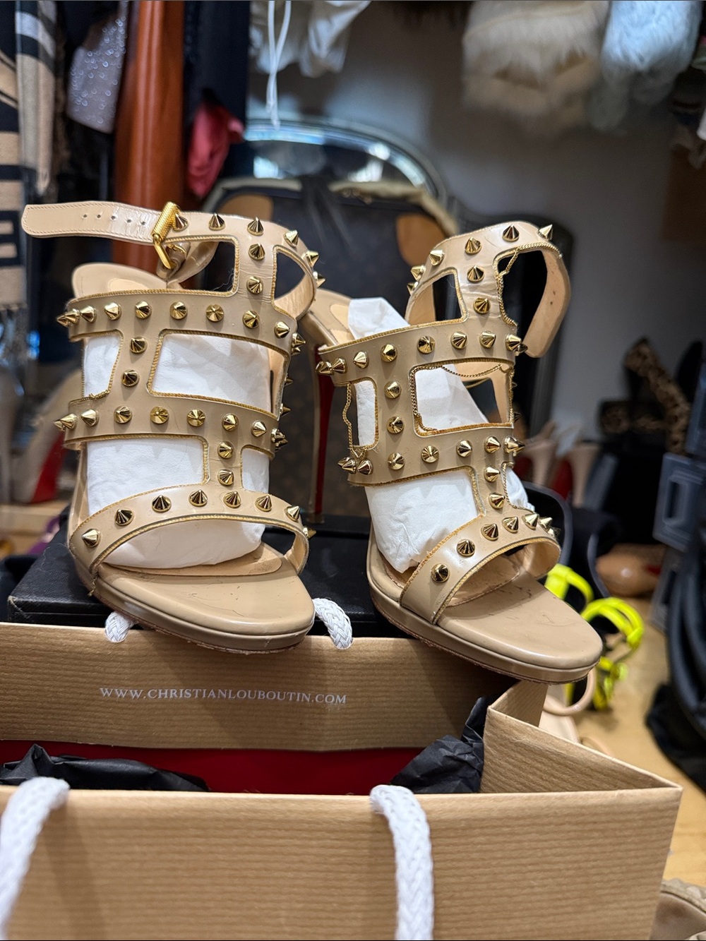 Christian Louboutin Beige Leather Studded Cage Heels